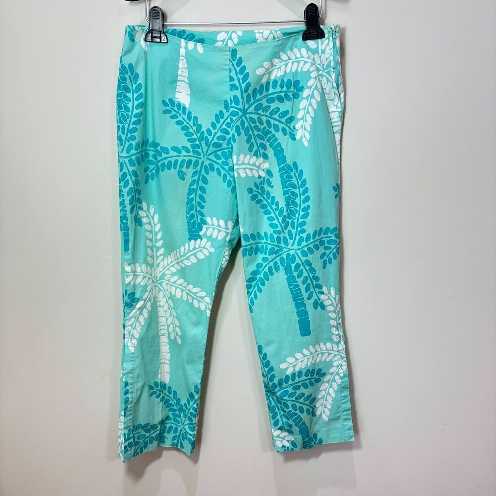 VTG Lilly Pulitzer Teal Blue Palm Tree Capri Pants 10 White Label Y2K Cropped